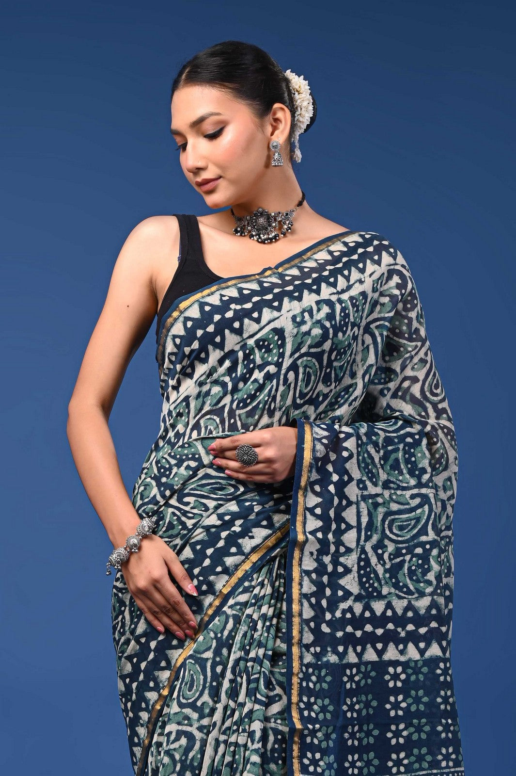 Bagru Hand Block Print Mul Cotton Saree with Zari Border
