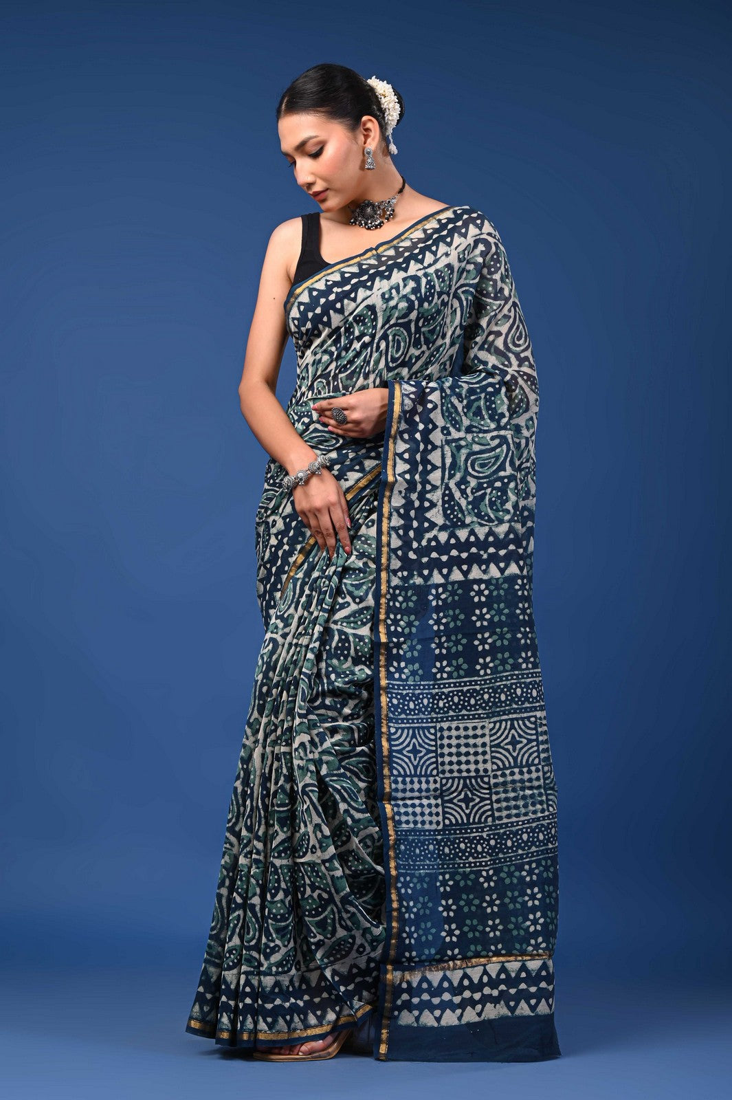 Bagru Hand Block Print Mul Cotton Saree with Zari Border