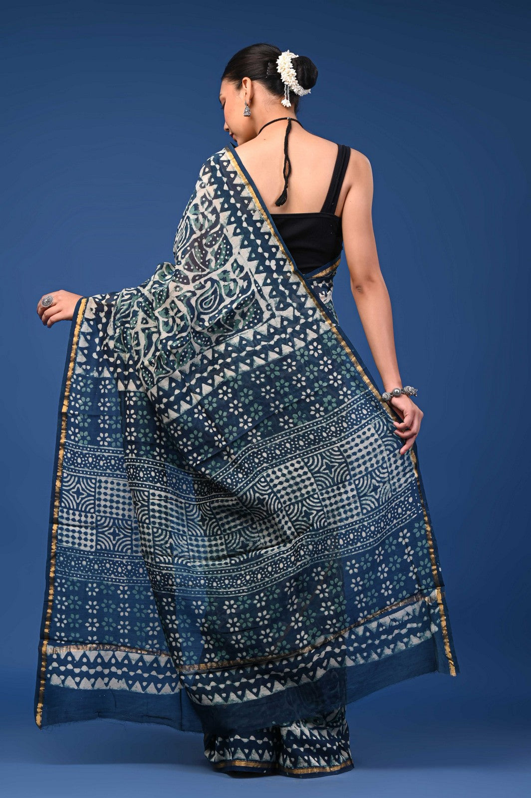 Bagru Hand Block Print Mul Cotton Saree with Zari Border