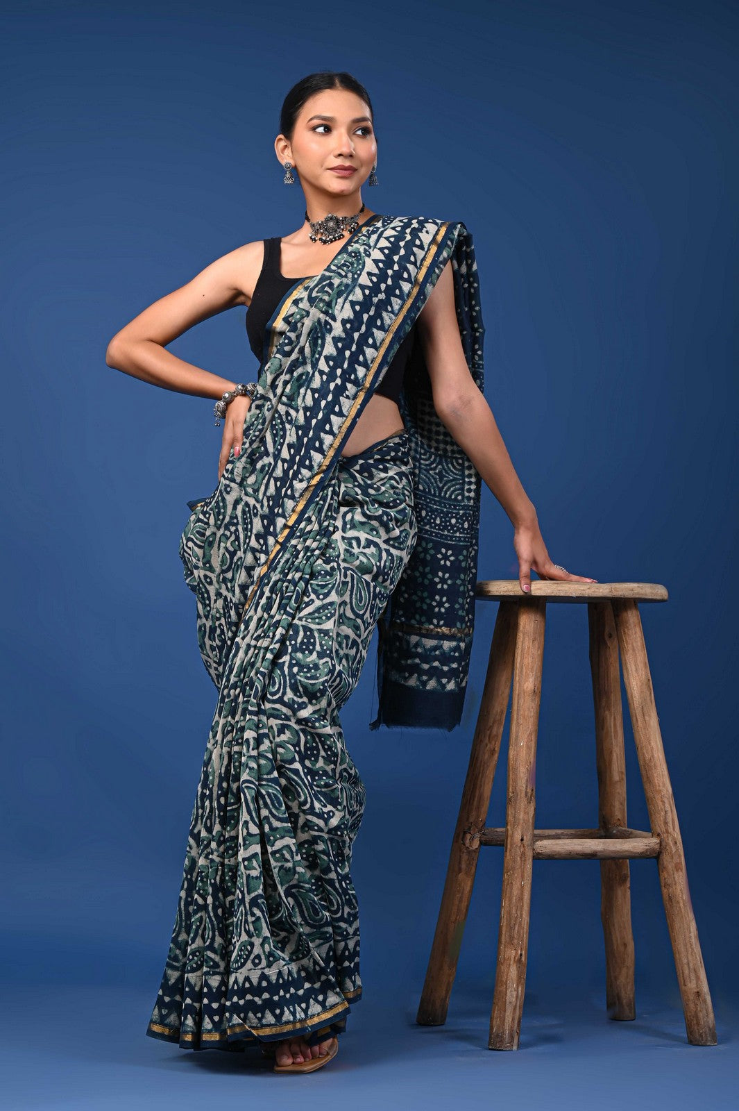 Bagru Hand Block Print Mul Cotton Saree with Zari Border