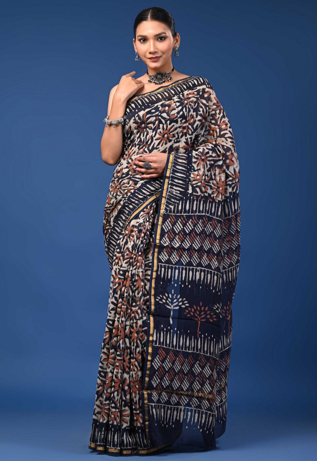 Bagru Hand Block Print Mul Cotton Saree with Golden Zari Border