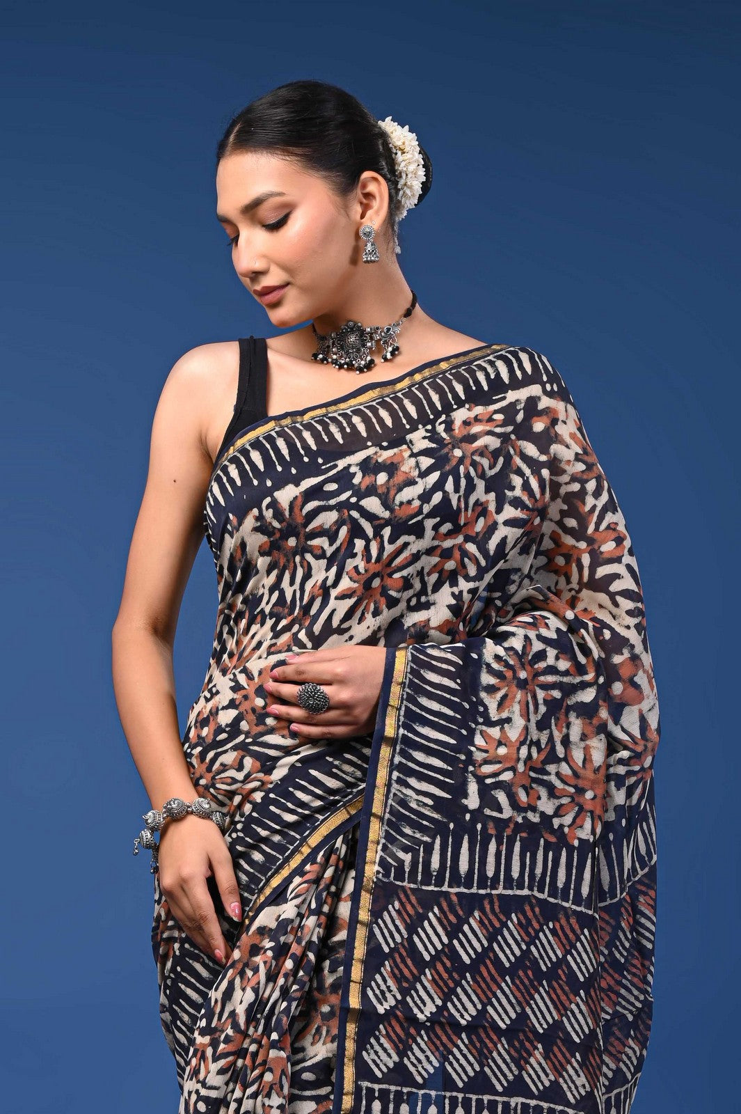 Bagru Hand Block Print Mul Cotton Saree with Golden Zari Border