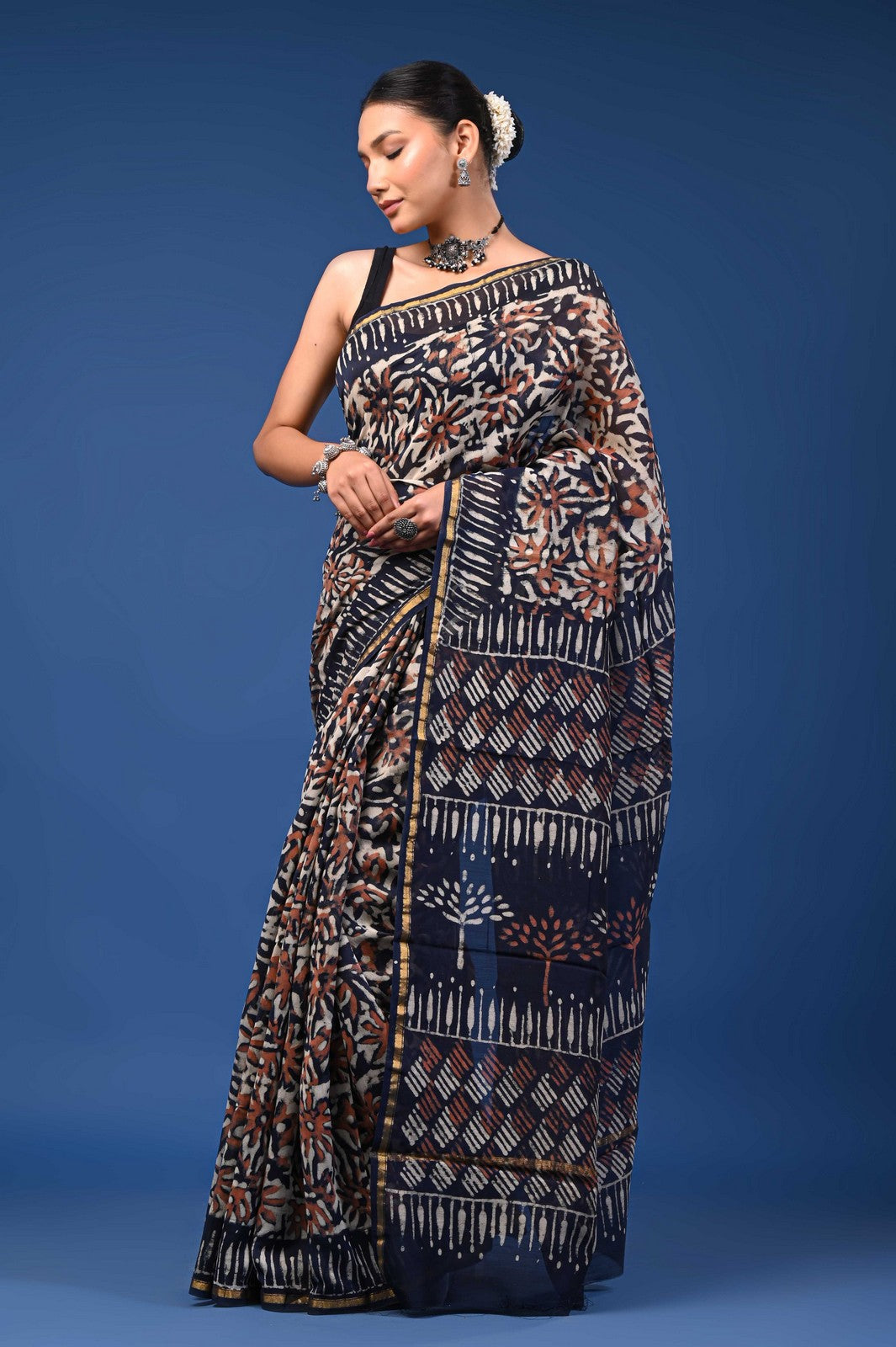Bagru Hand Block Print Mul Cotton Saree with Golden Zari Border