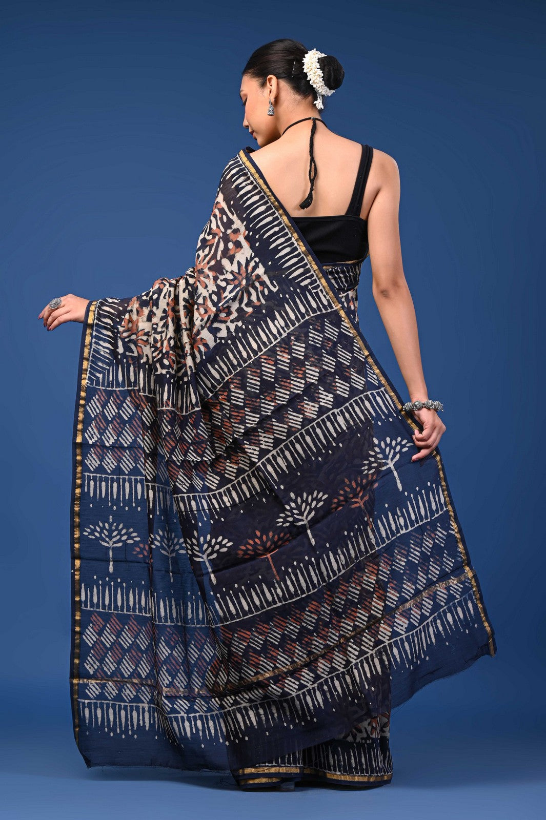 Bagru Hand Block Print Mul Cotton Saree with Golden Zari Border