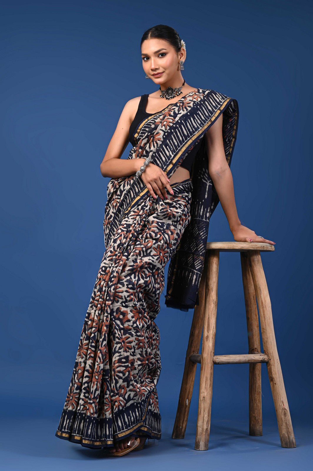 Bagru Hand Block Print Mul Cotton Saree with Golden Zari Border