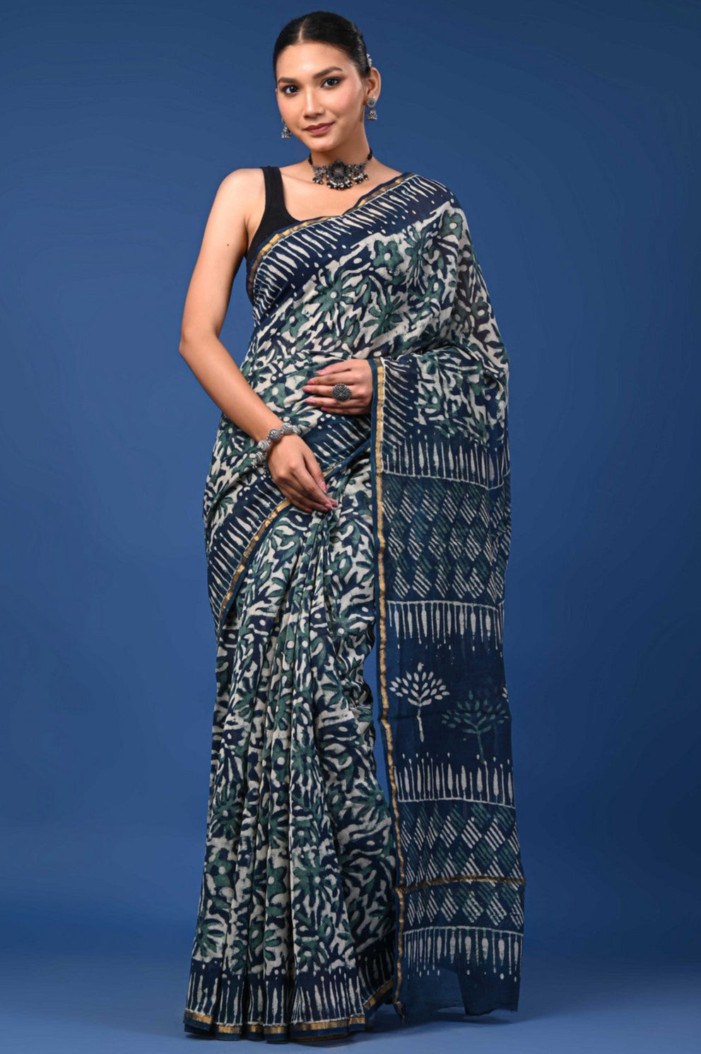 Premium Bagru Hand Block Print Mul Cotton Saree with Zari Border