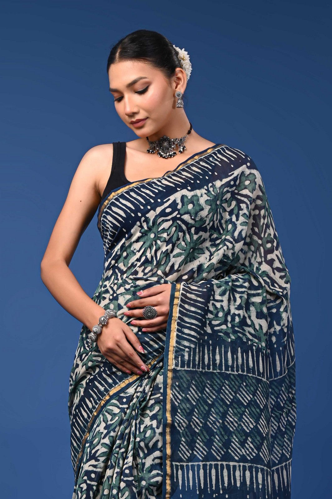 Premium Bagru Hand Block Print Mul Cotton Saree with Zari Border