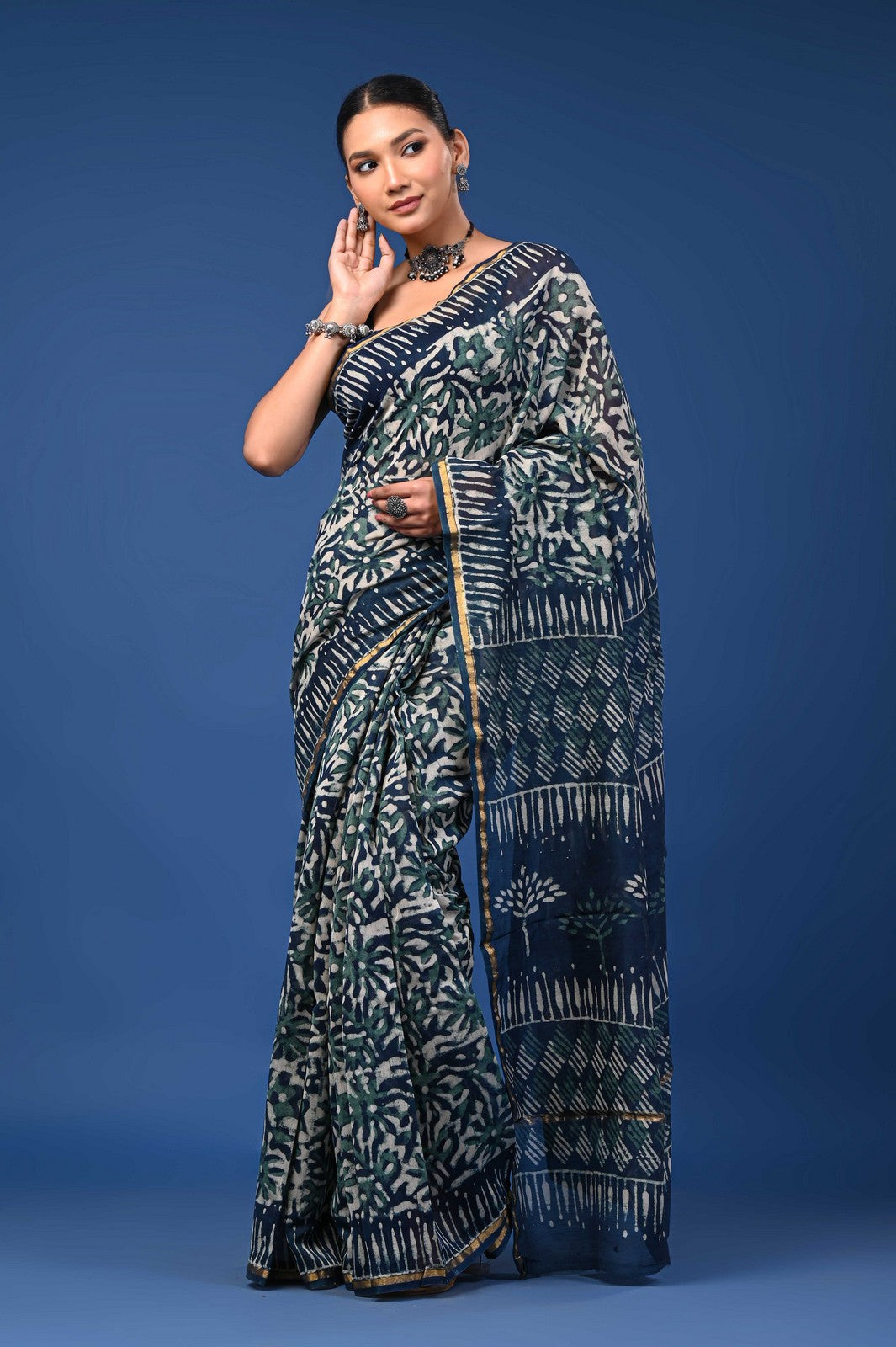 Premium Bagru Hand Block Print Mul Cotton Saree with Zari Border