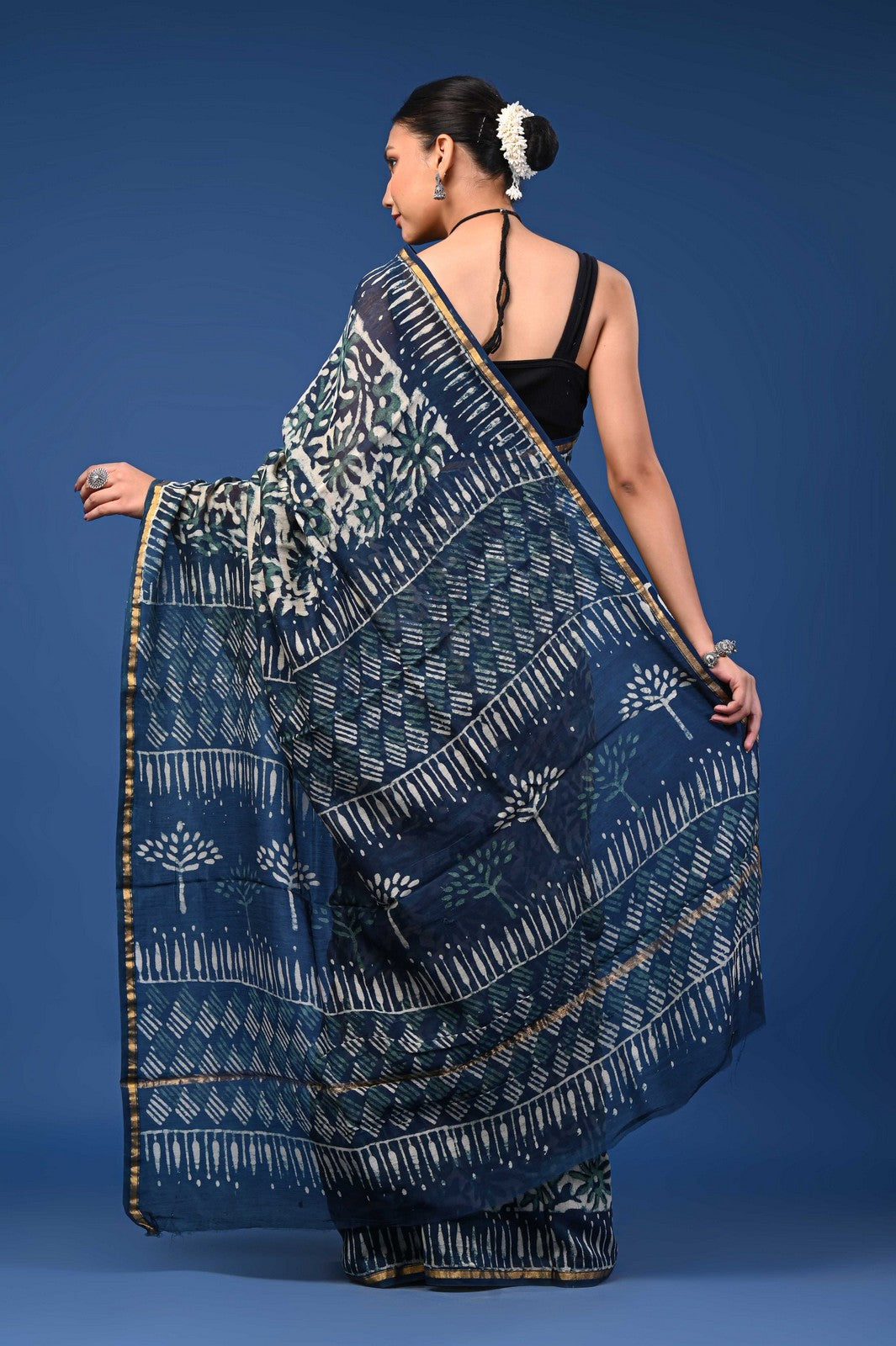 Premium Bagru Hand Block Print Mul Cotton Saree with Zari Border