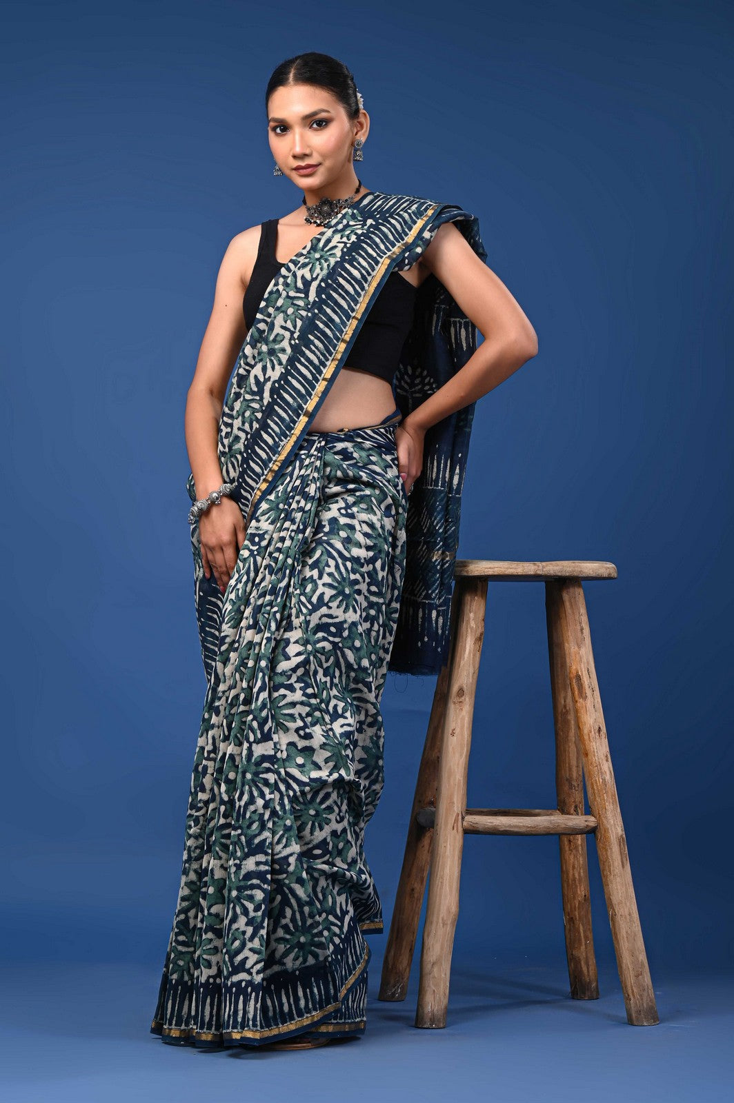 Premium Bagru Hand Block Print Mul Cotton Saree with Zari Border