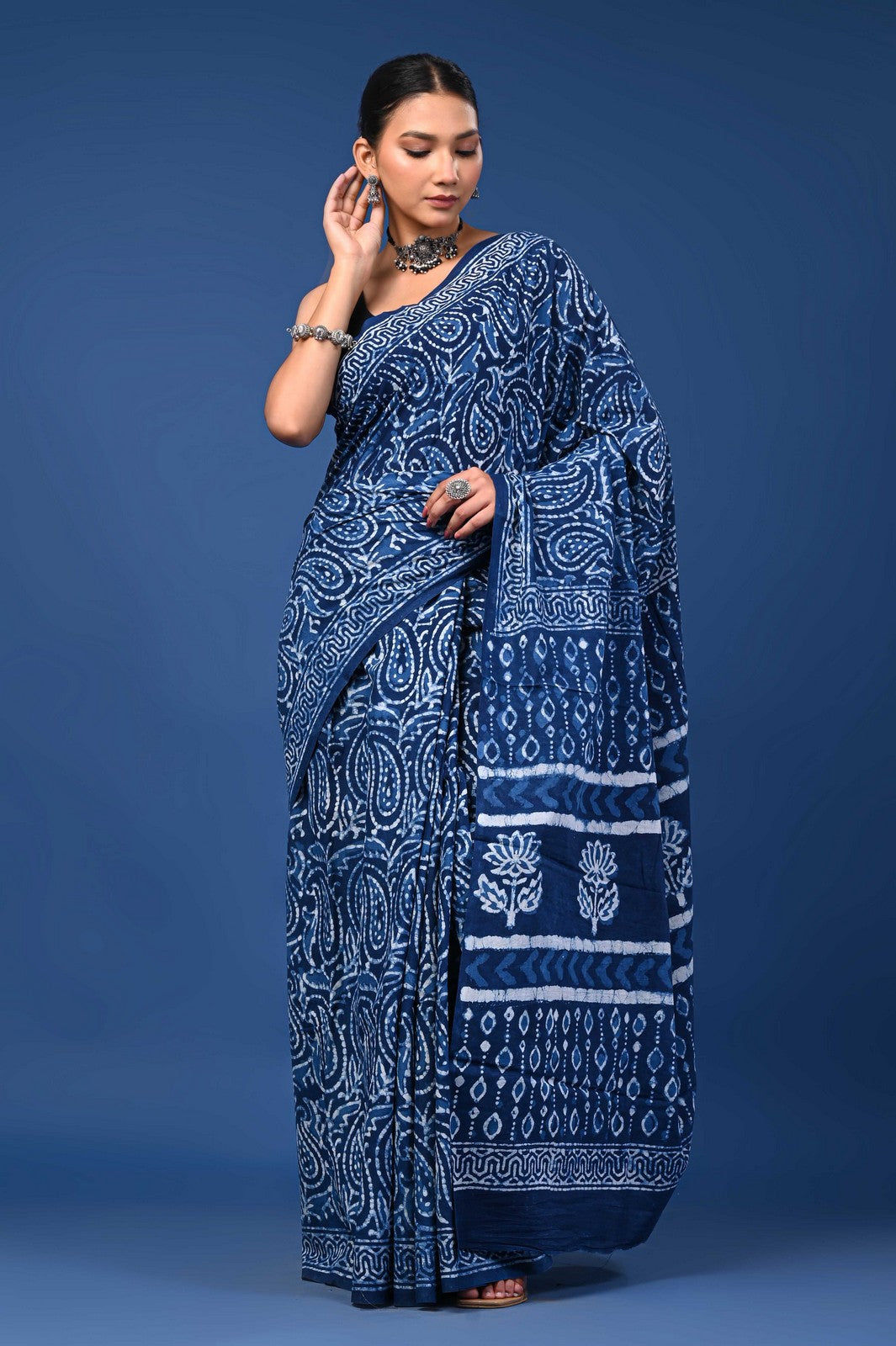 Indigo Bagru Hand Block Print Mul Cotton Saree