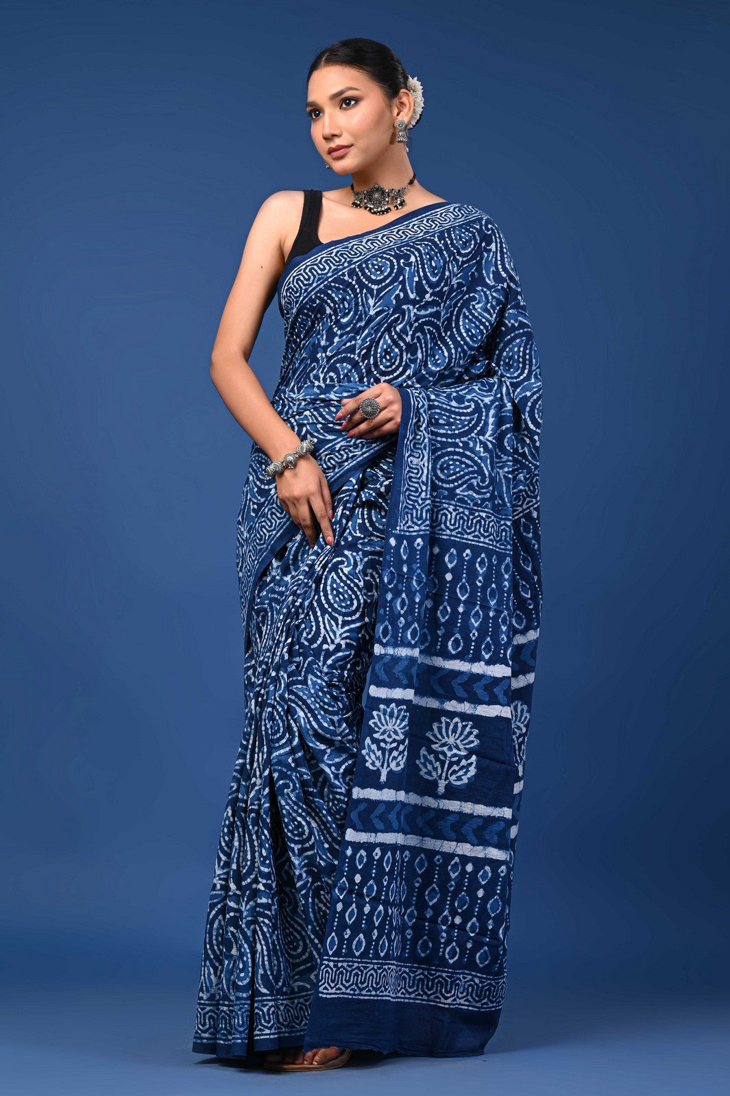 Indigo Bagru Hand Block Print Mul Cotton Saree