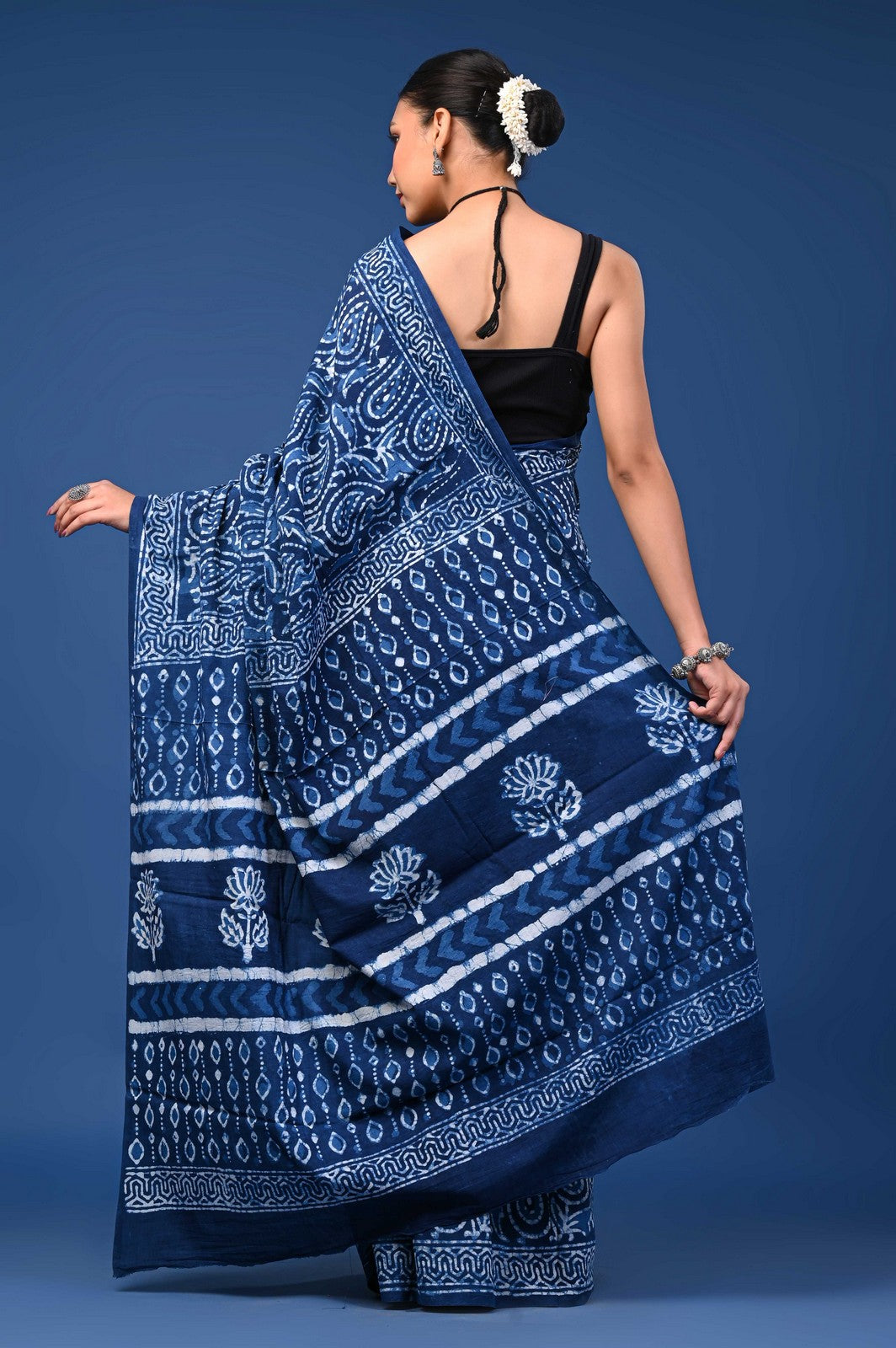 Indigo Bagru Hand Block Print Mul Cotton Saree