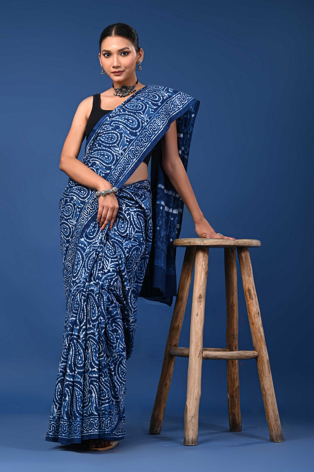 Indigo Bagru Hand Block Print Mul Cotton Saree