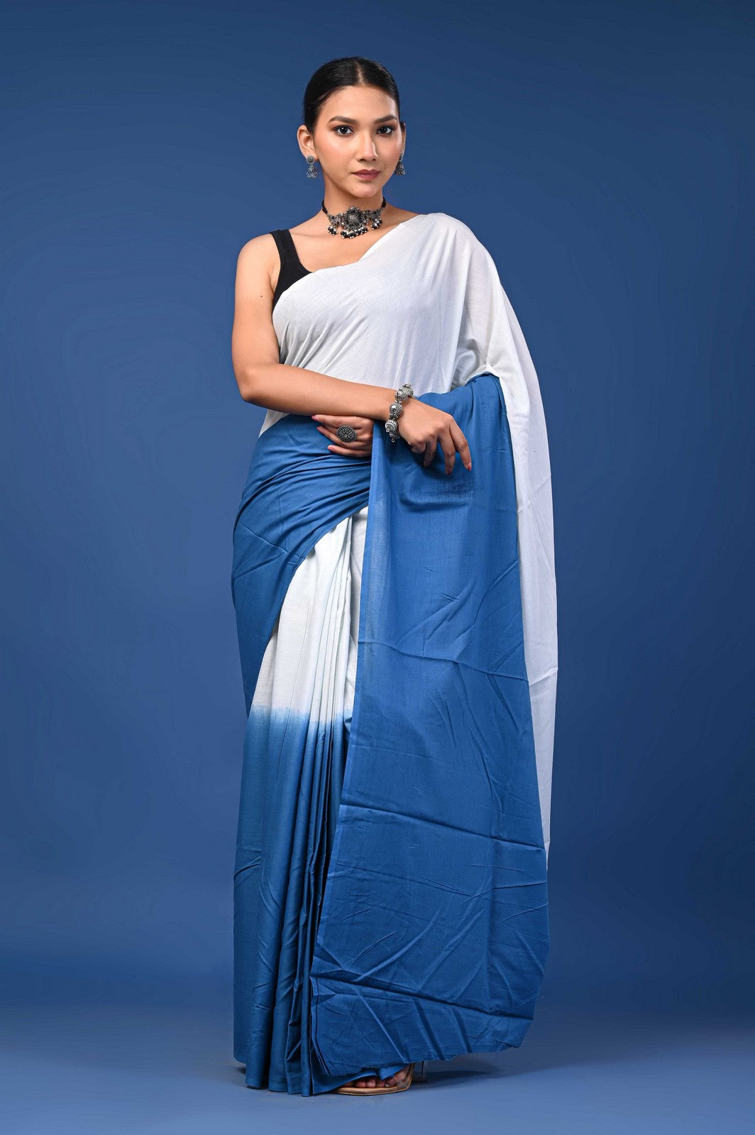 Buy Blue Shaded Bagru Print Mul Cotton Saree