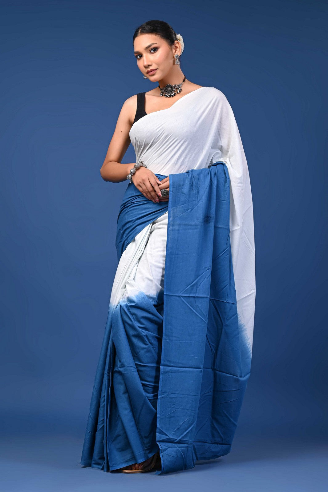 Buy Blue Shaded Bagru Print Mul Cotton Saree