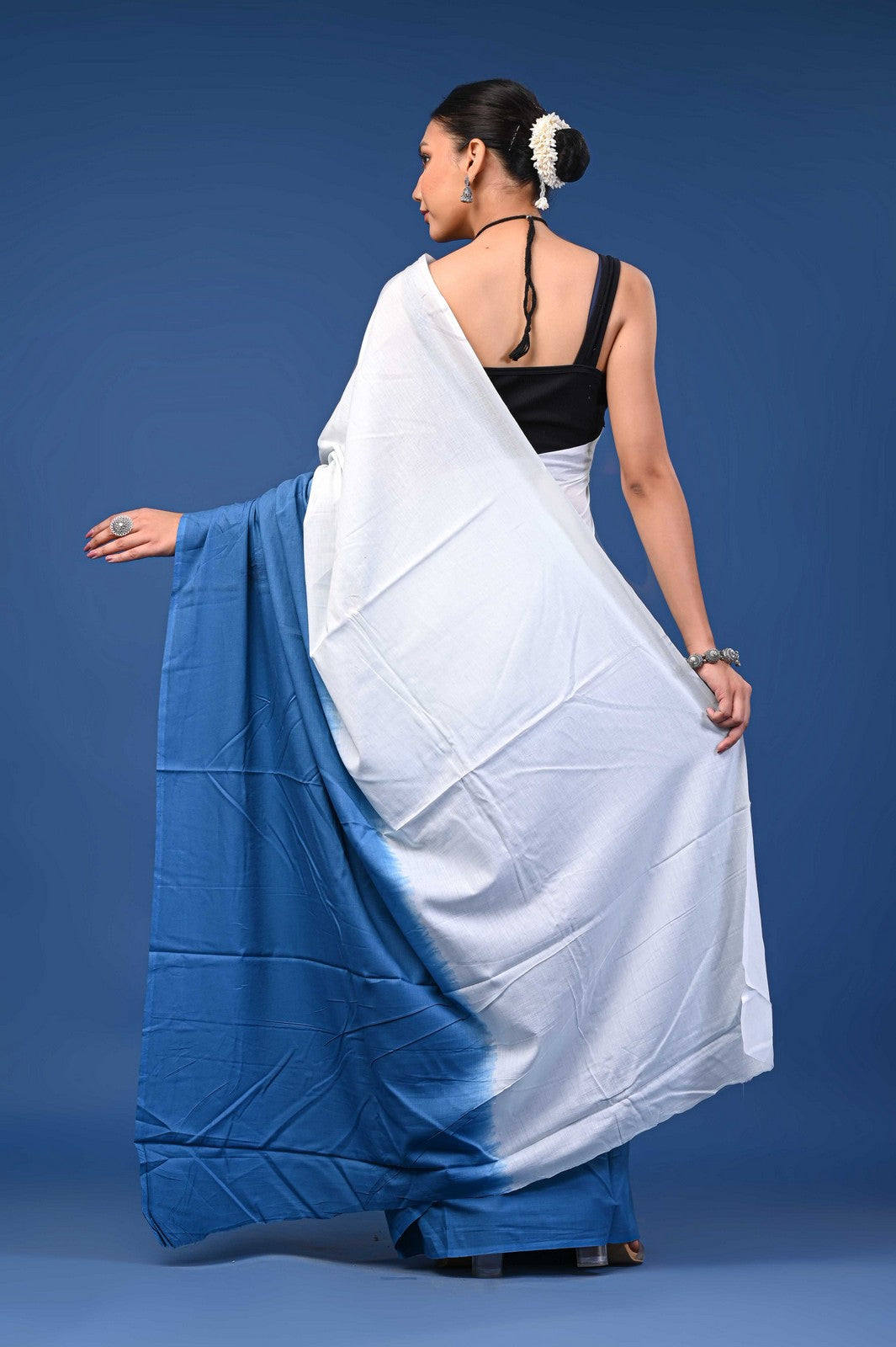 Buy Blue Shaded Bagru Print Mul Cotton Saree