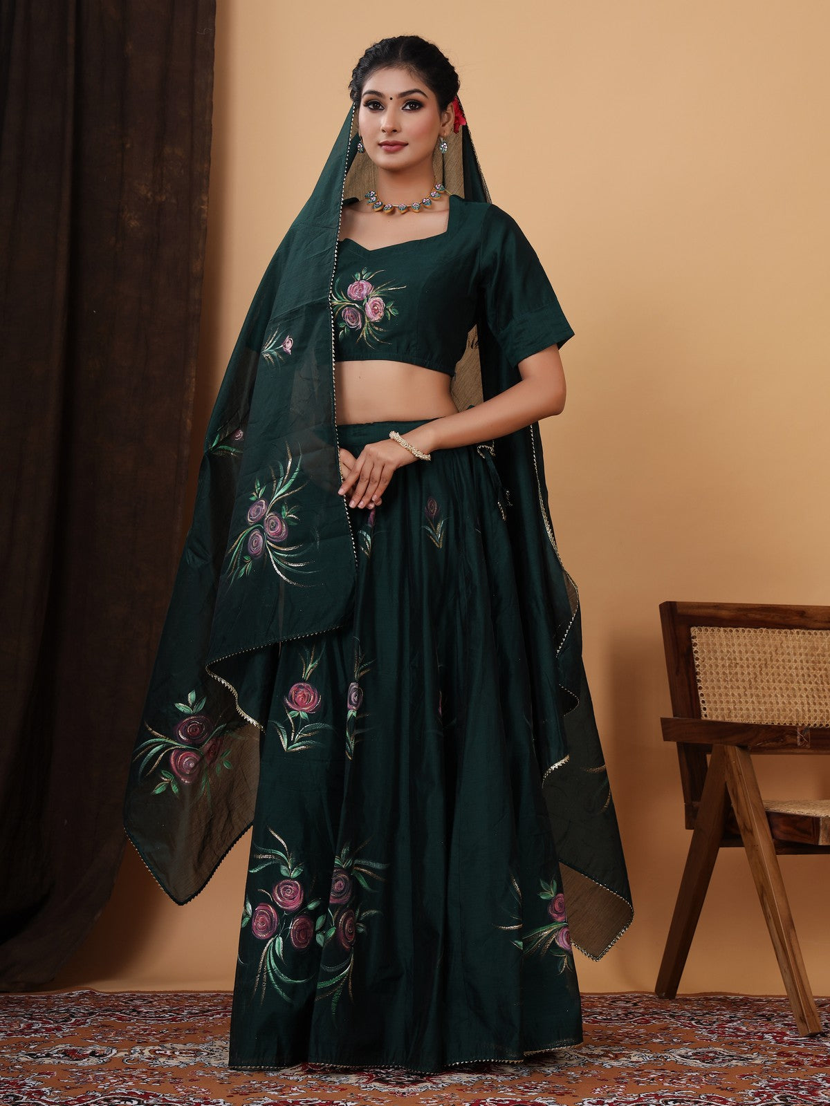 Green Jaipuri Hand Painted Lehenga Choli
