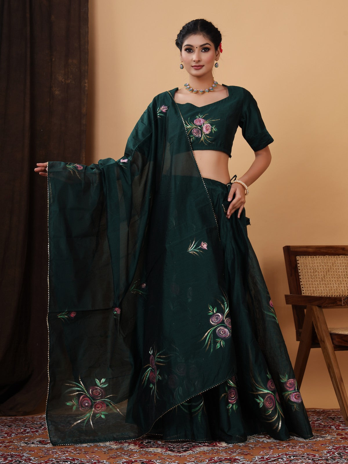 Green Jaipuri Hand Painted Lehenga Choli