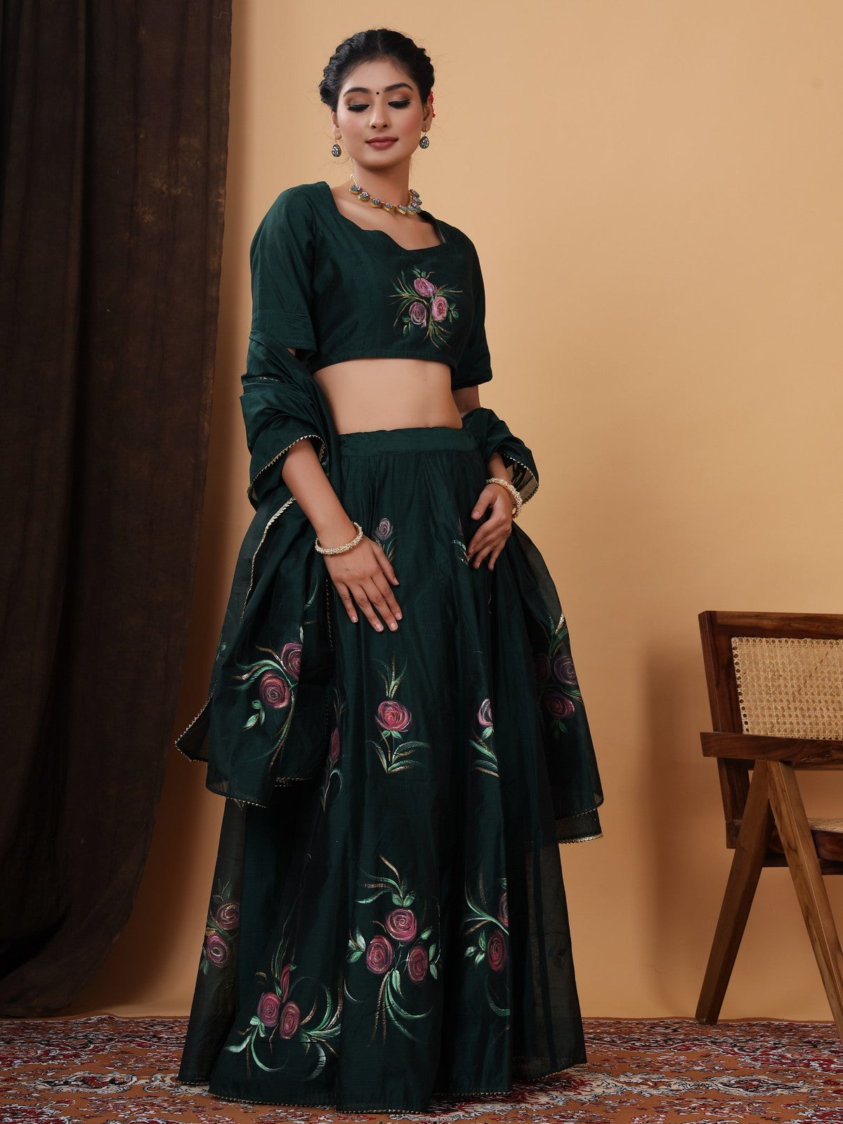 Green Jaipuri Hand Painted Lehenga Choli