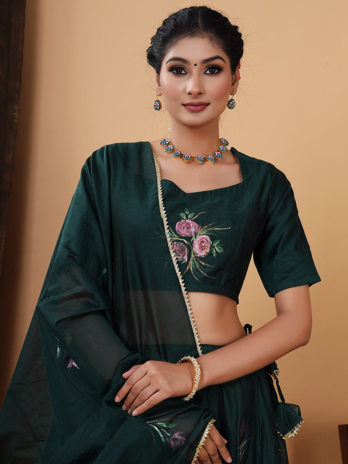 Green Jaipuri Hand Painted Lehenga Choli