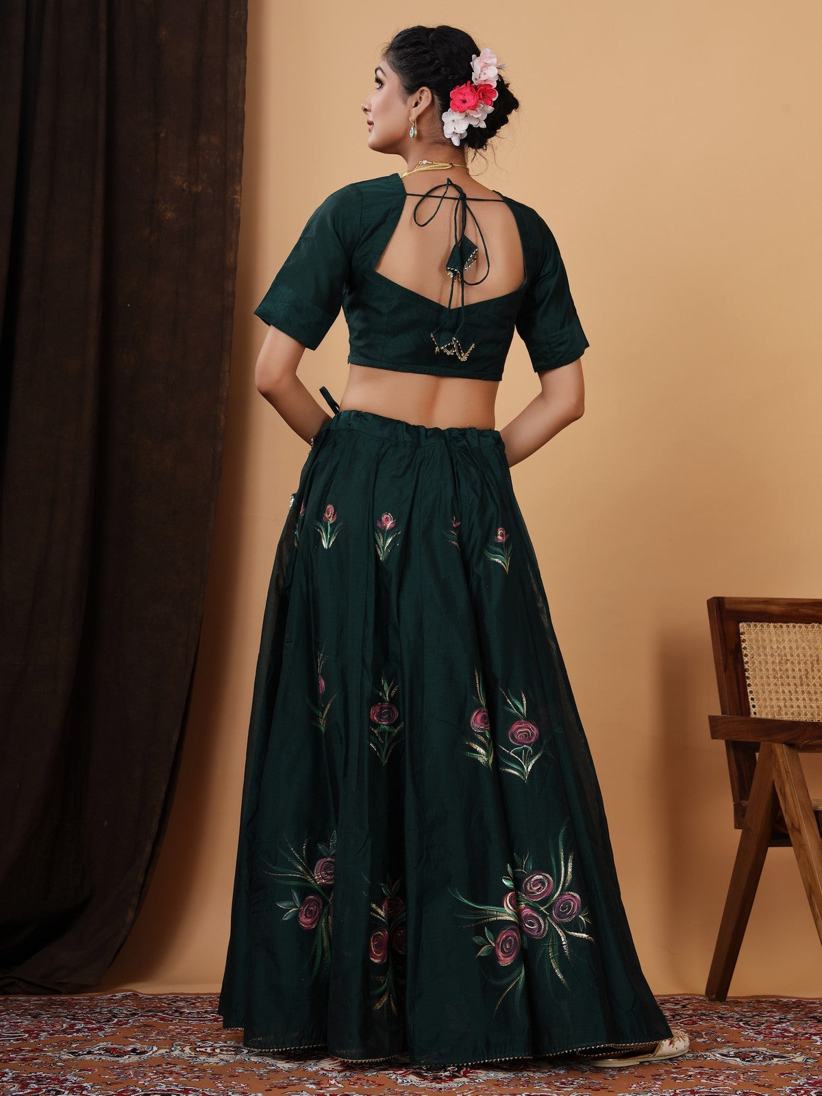 Green Jaipuri Hand Painted Lehenga Choli