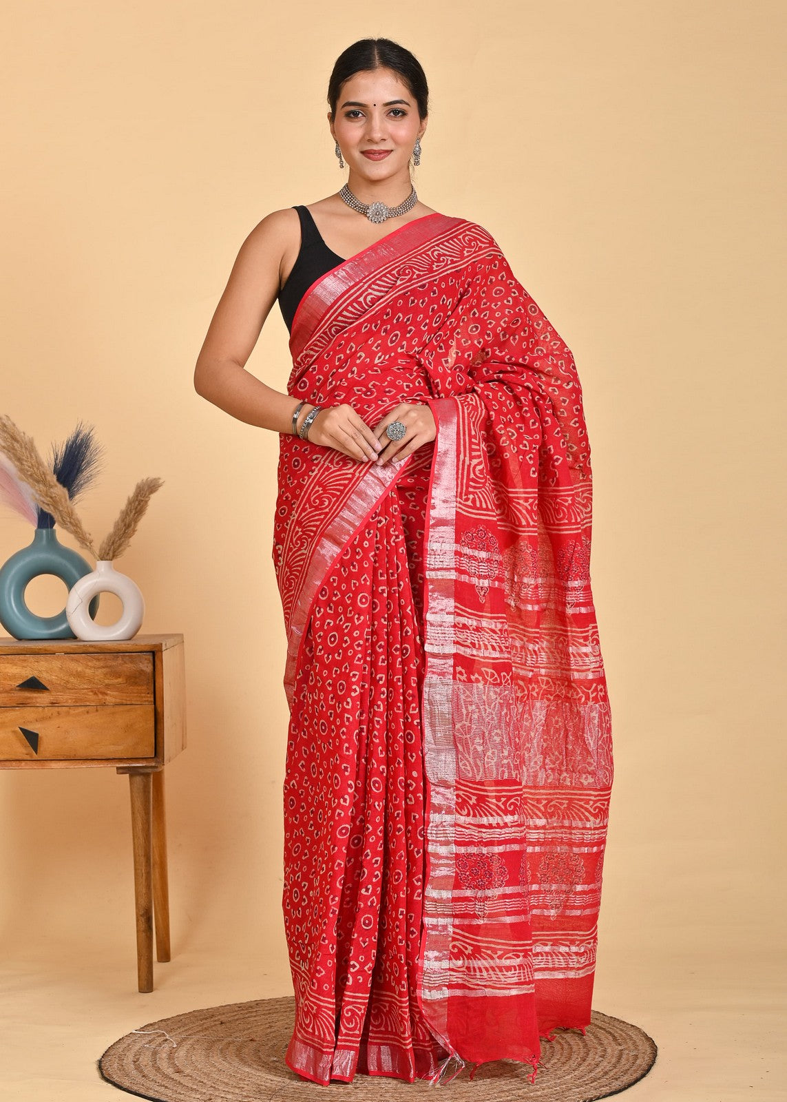Buy Red Tranding Handblock Printed Linen Saree Online