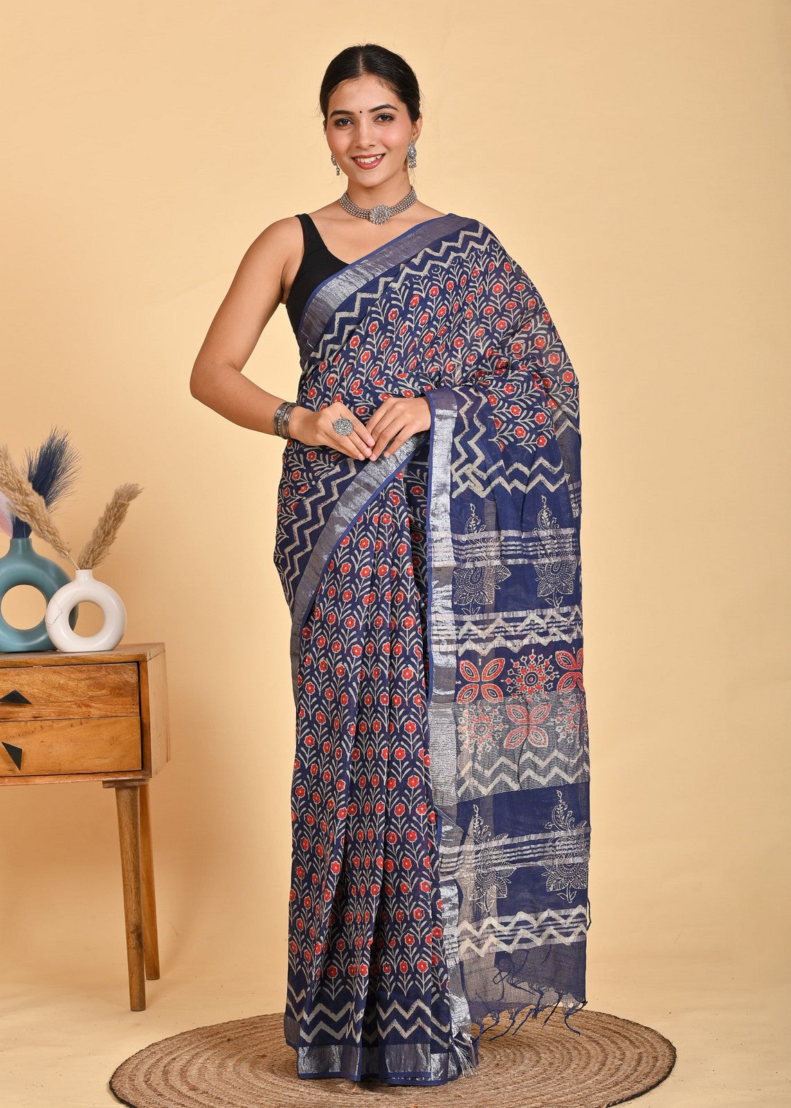 Buy Latest Handblock Printed Premium Linen Saree Online