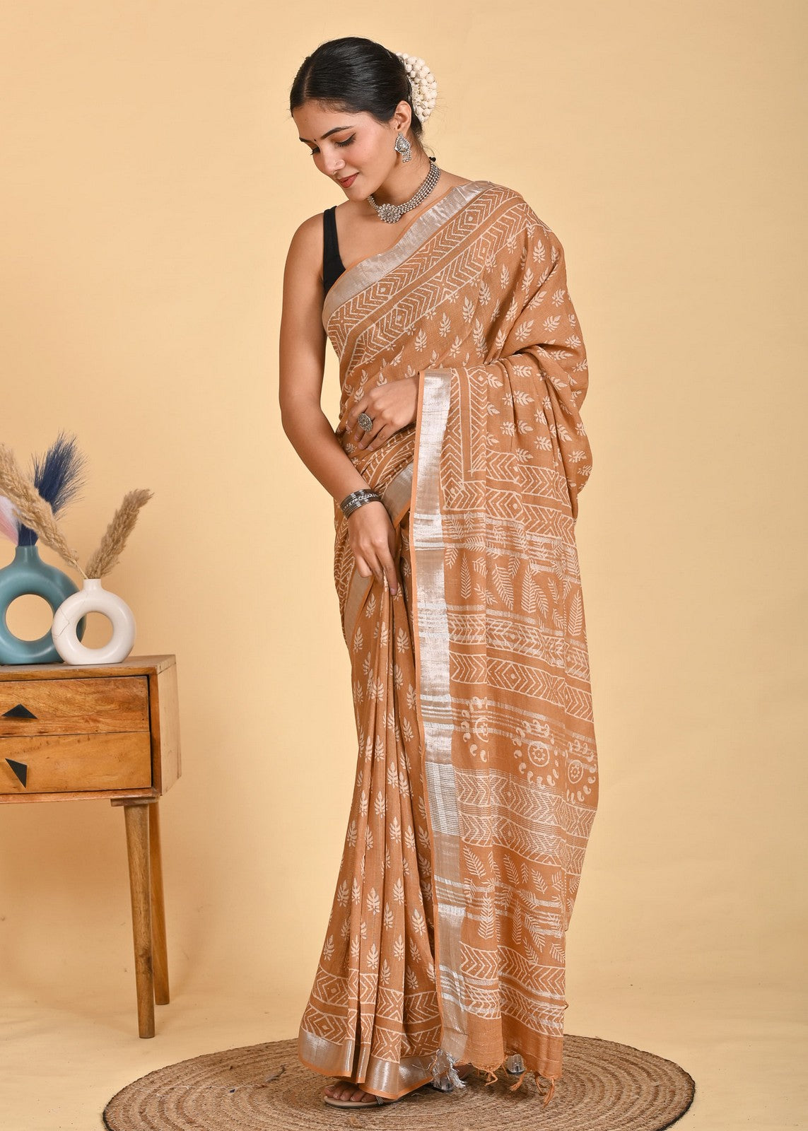 Buy Handblock Printed Premium Linen Saree Online