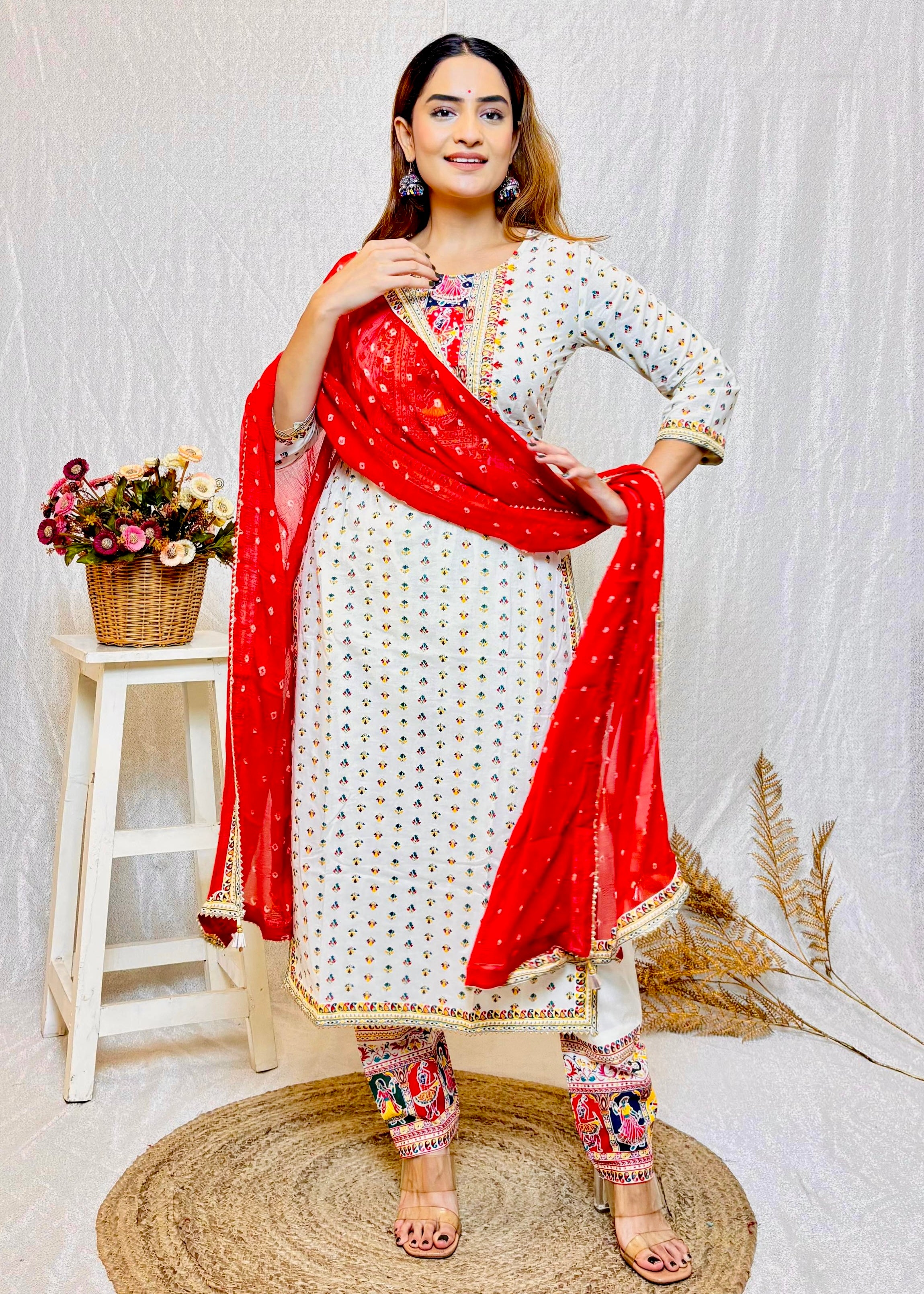 Buy Traditional Off White Cotton Sanganeri Print Suit Set