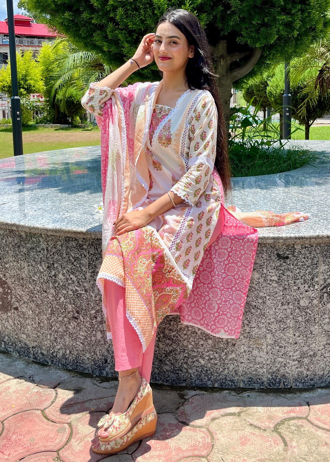 Buy Online Hand Block Sanganeri Printed Suit Set