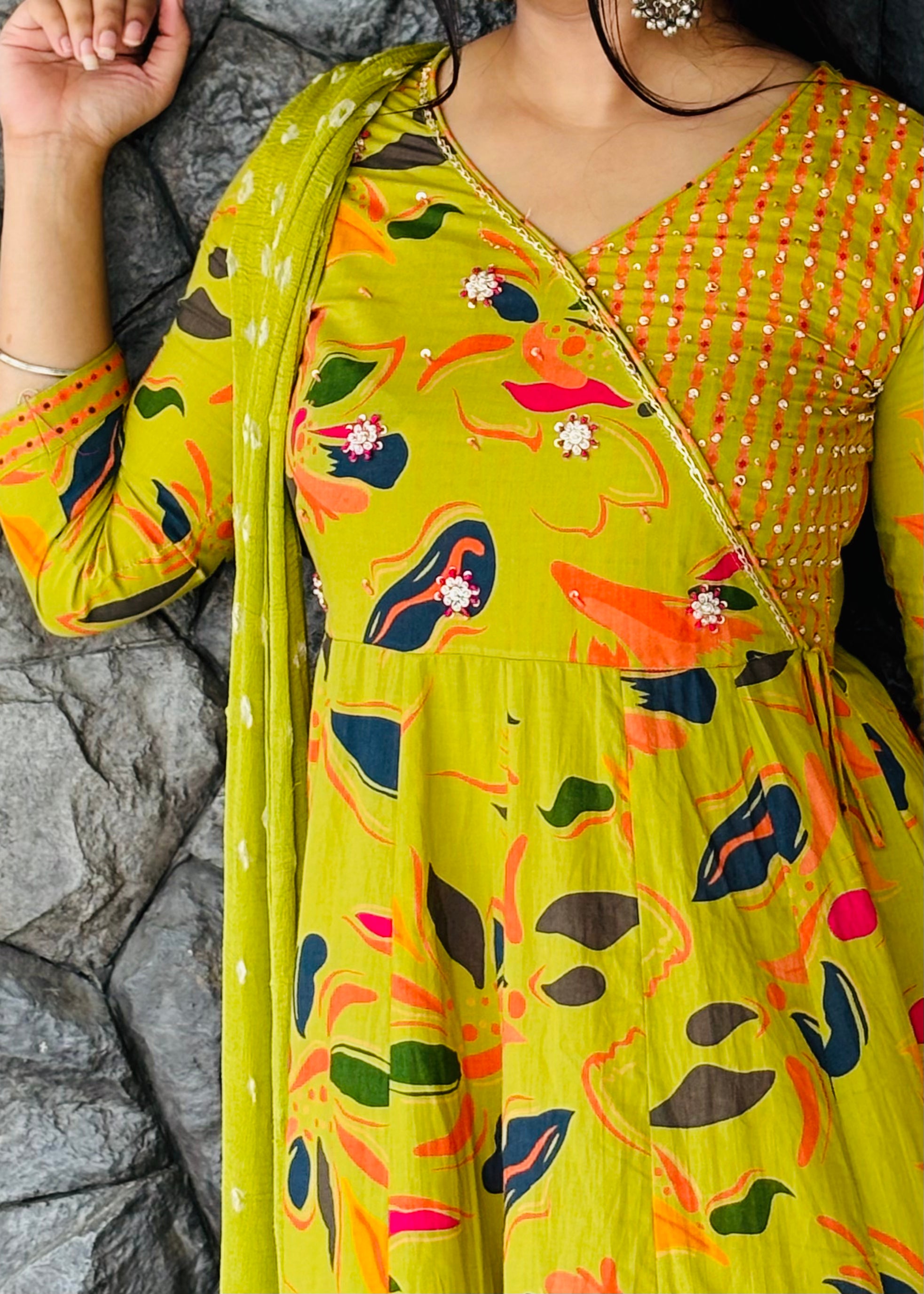 Buy Parrot Color Jaipur Cotton Anarkali Suit Set Online