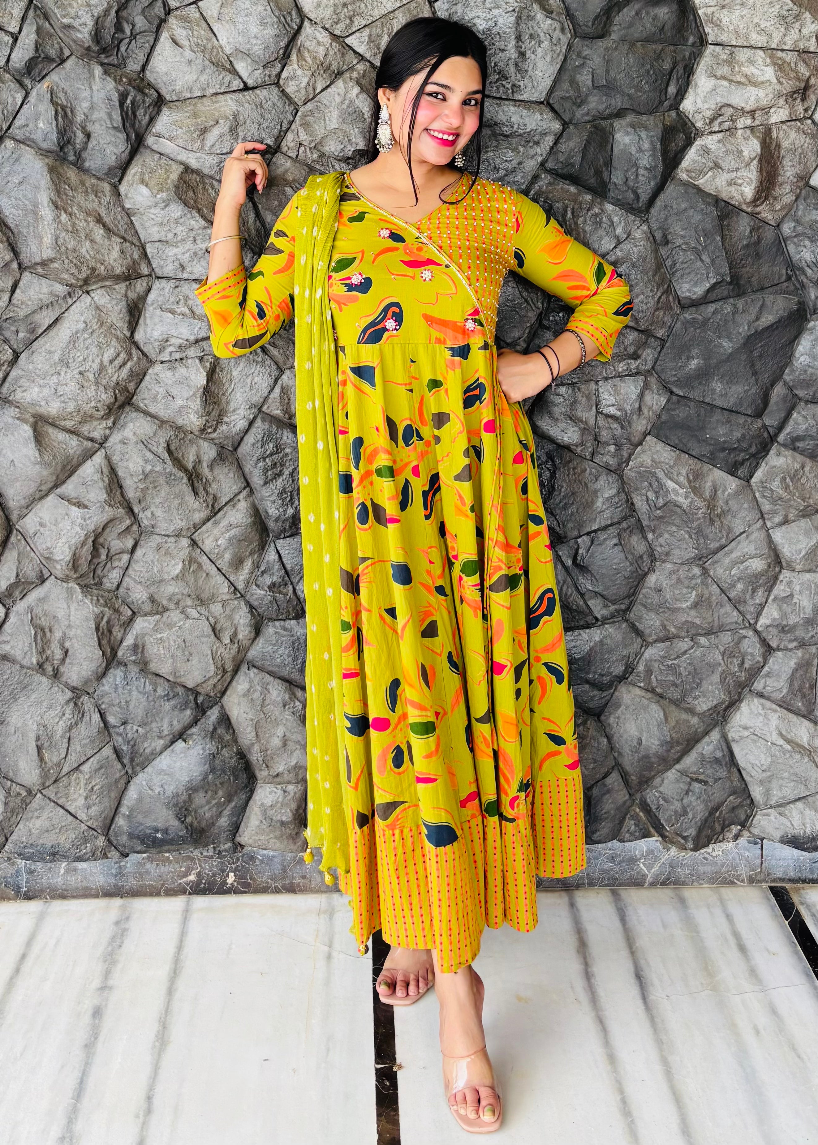 Buy Parrot Color Jaipur Cotton Anarkali Suit Set Online