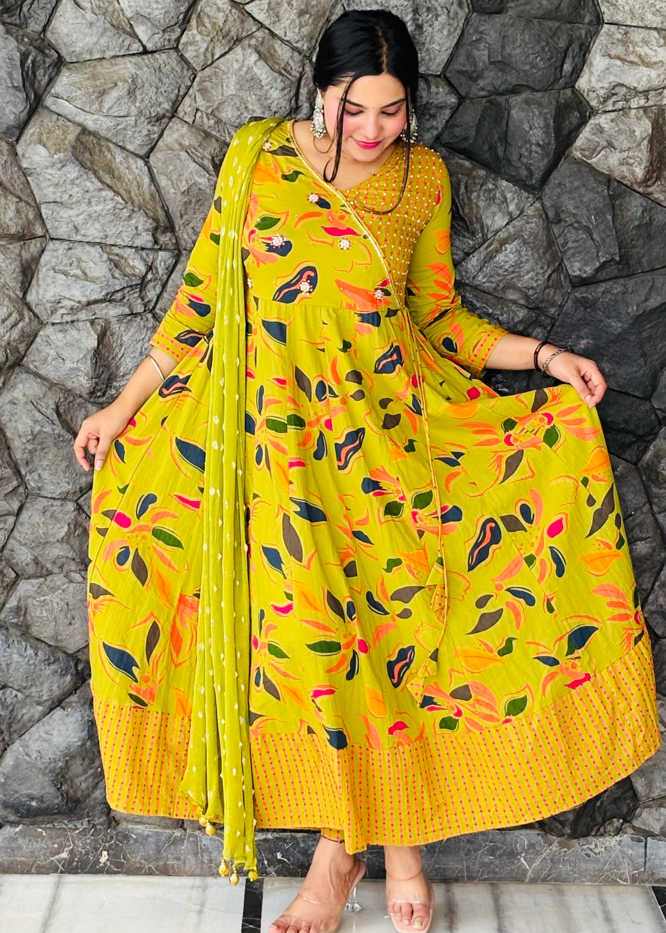 Buy Parrot Color Jaipur Cotton Anarkali Suit Set Online