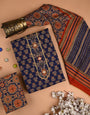 Blue And Orange Ajrakh Hand Block Printed Cotton Unstiched Suit Set