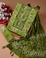 Thread Batik Green Color Pure Cotton Unstiched Suit Set With Chiffon Dupatta