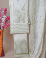 White Chikankari Hand Block Print With Embriodery Unstiched Suit Set