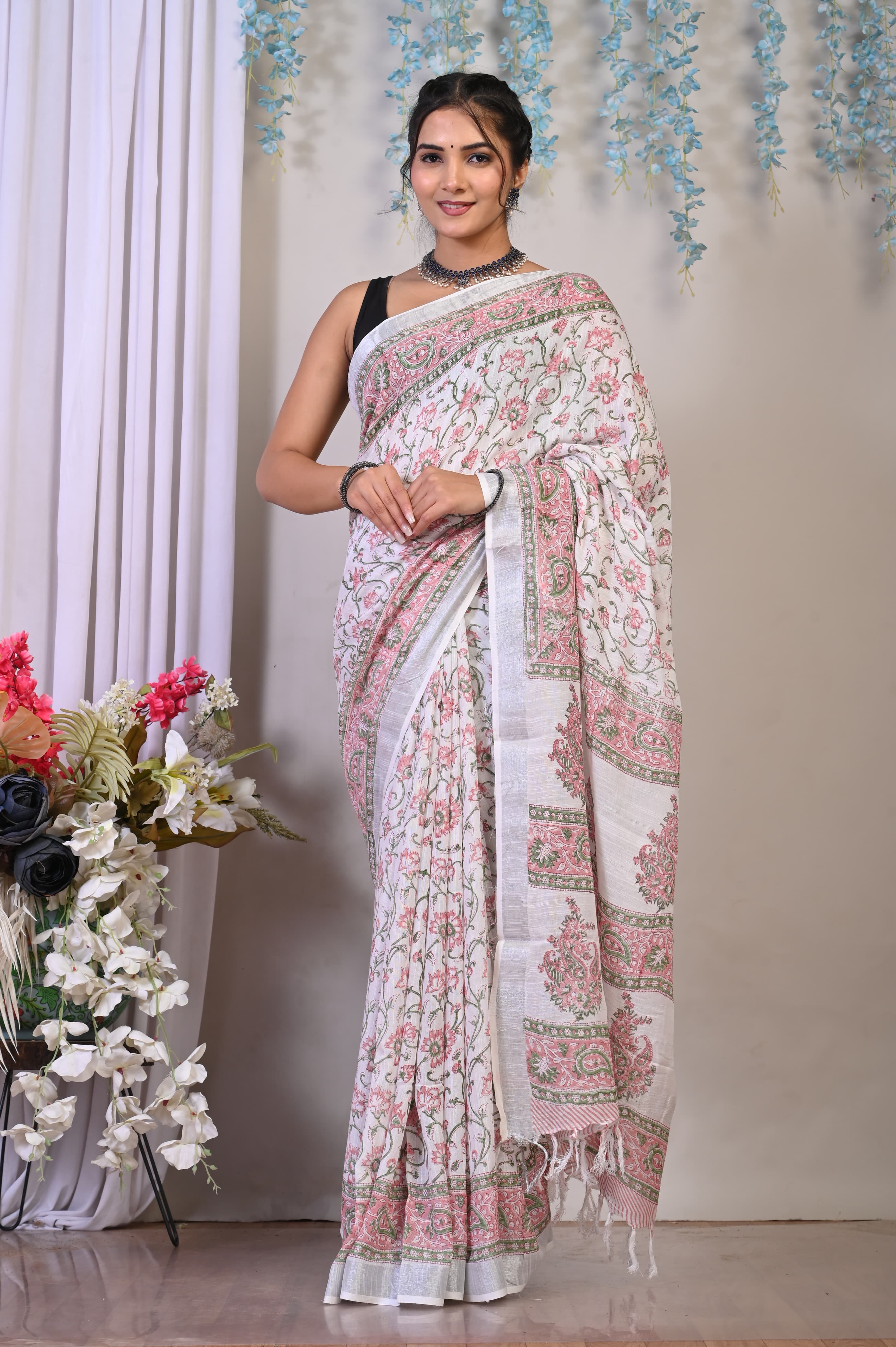 Buy White Tranding Handblock Printed Linen Saree Online