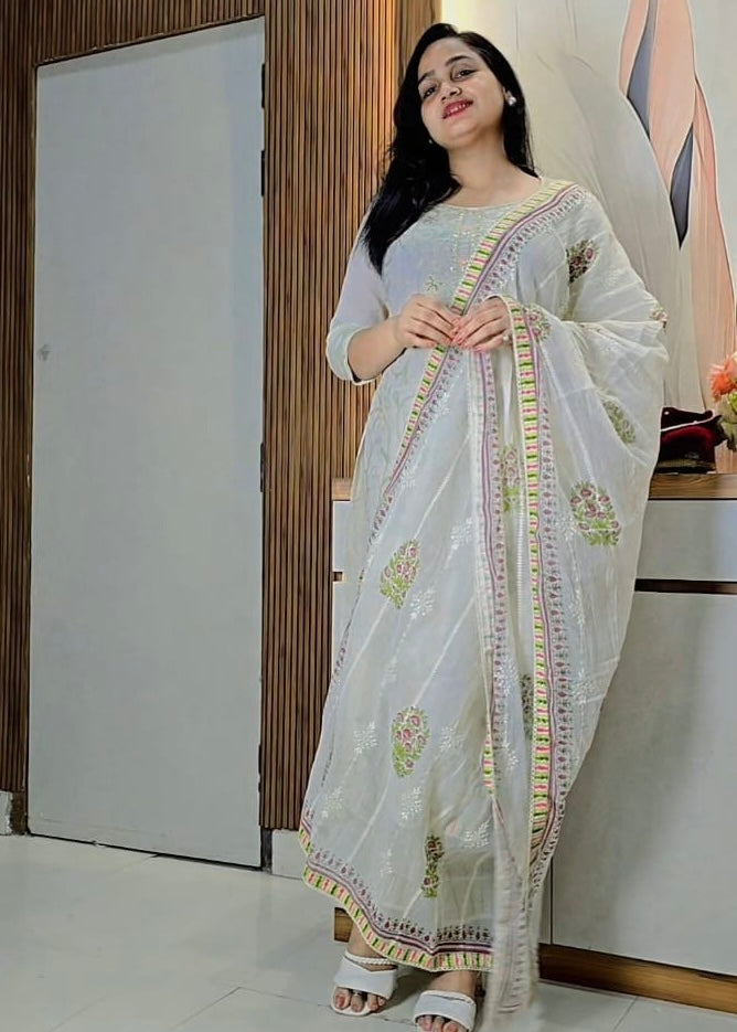 Buy Cream Jaipuri Premium Embroidery Suit Set Online