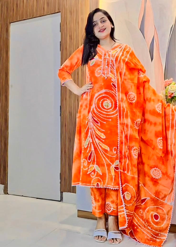 Buy Orange Jaipuri Batik Print Suit Set Online
