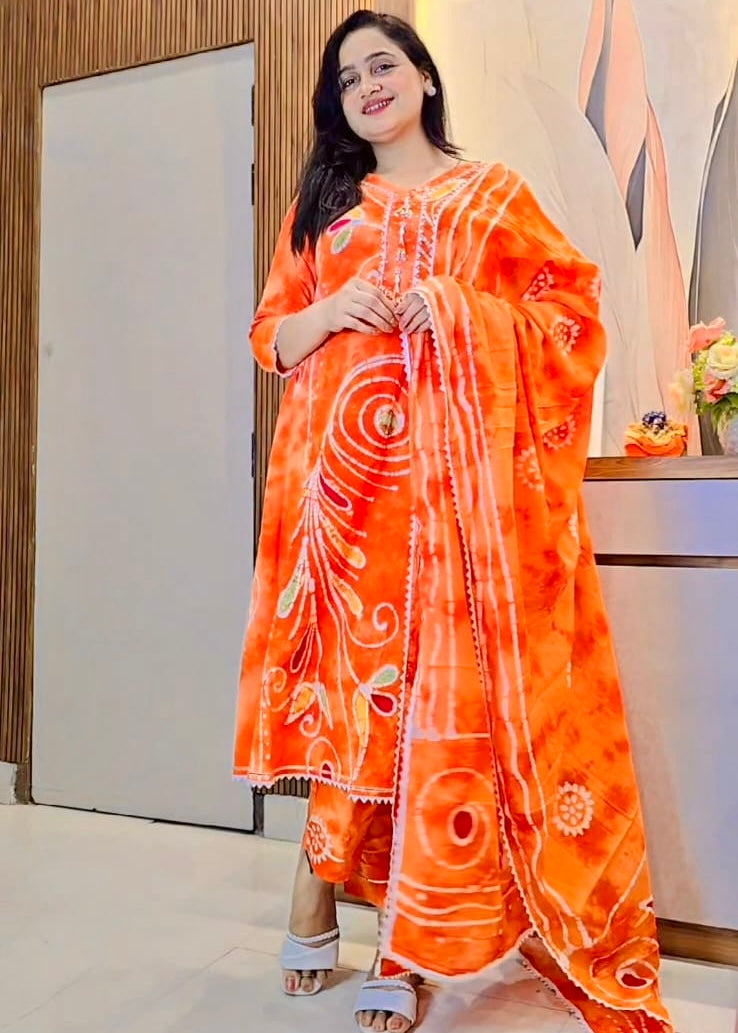 Buy Orange Jaipuri Batik Print Suit Set Online